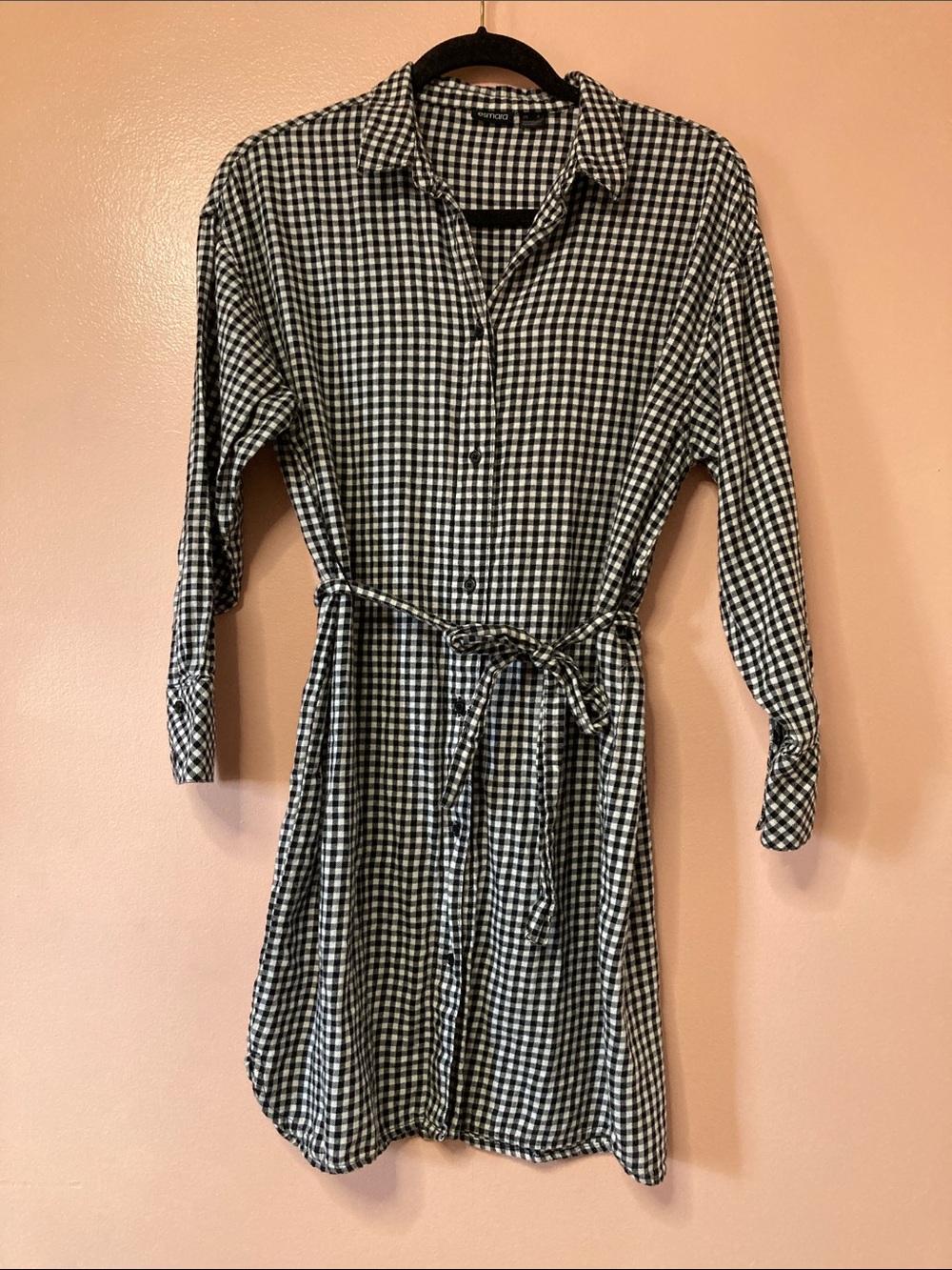 Esmara Womens Size 6 Black White Checkered Flannel Shirt Dress Button Front Sash